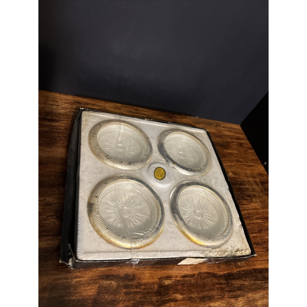 4 New‎ Leonard Glass Silver Plate Coasters Mid Century Modern MCM Vintage NOS